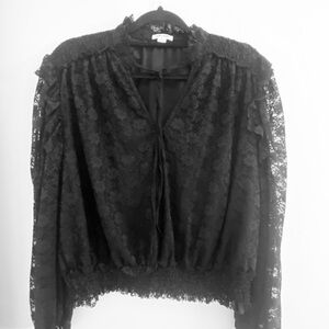 Ultra Pink Black Lace Long Sleeve Blouse, Smocked Waist